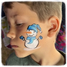 Snowman cheek face painting with gloves and hat