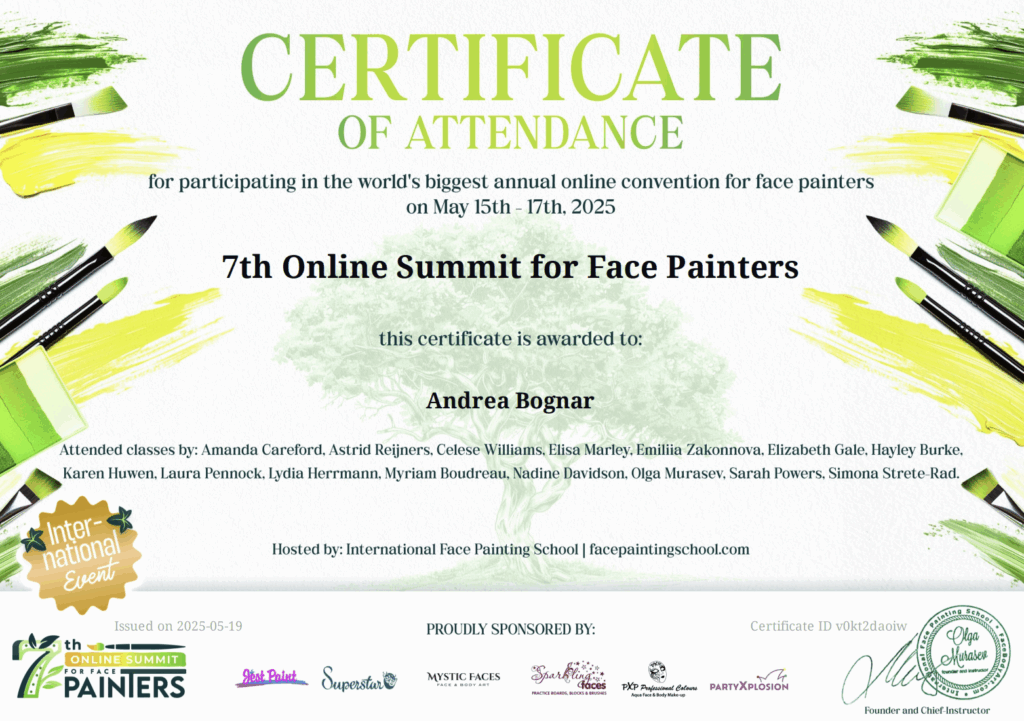 7th online summit certificate Andrea international face painting school