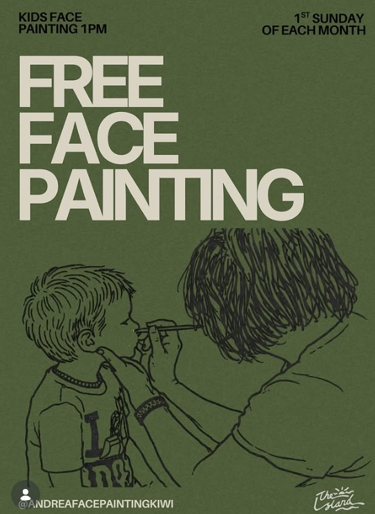 Free face painting on the 1st Sunday of each month at The Island Papamoa with Andrea Face Painting